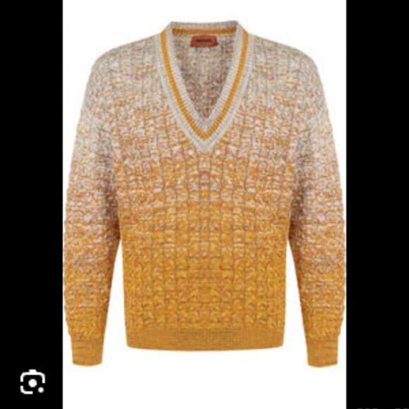 Missoni Long Sleeve V-Neck Knit Ombre Sweater Cotton Blend Pullover Yellow IT 52